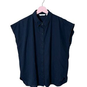 Uniqlo linen top‎ Navy Blue Sleeveless Button oversized Shirt XS big shoulder